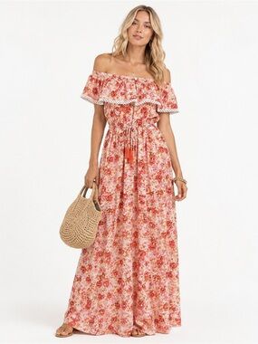 Off-Shoulder Floral Maxi Dress in Coral Pink Print